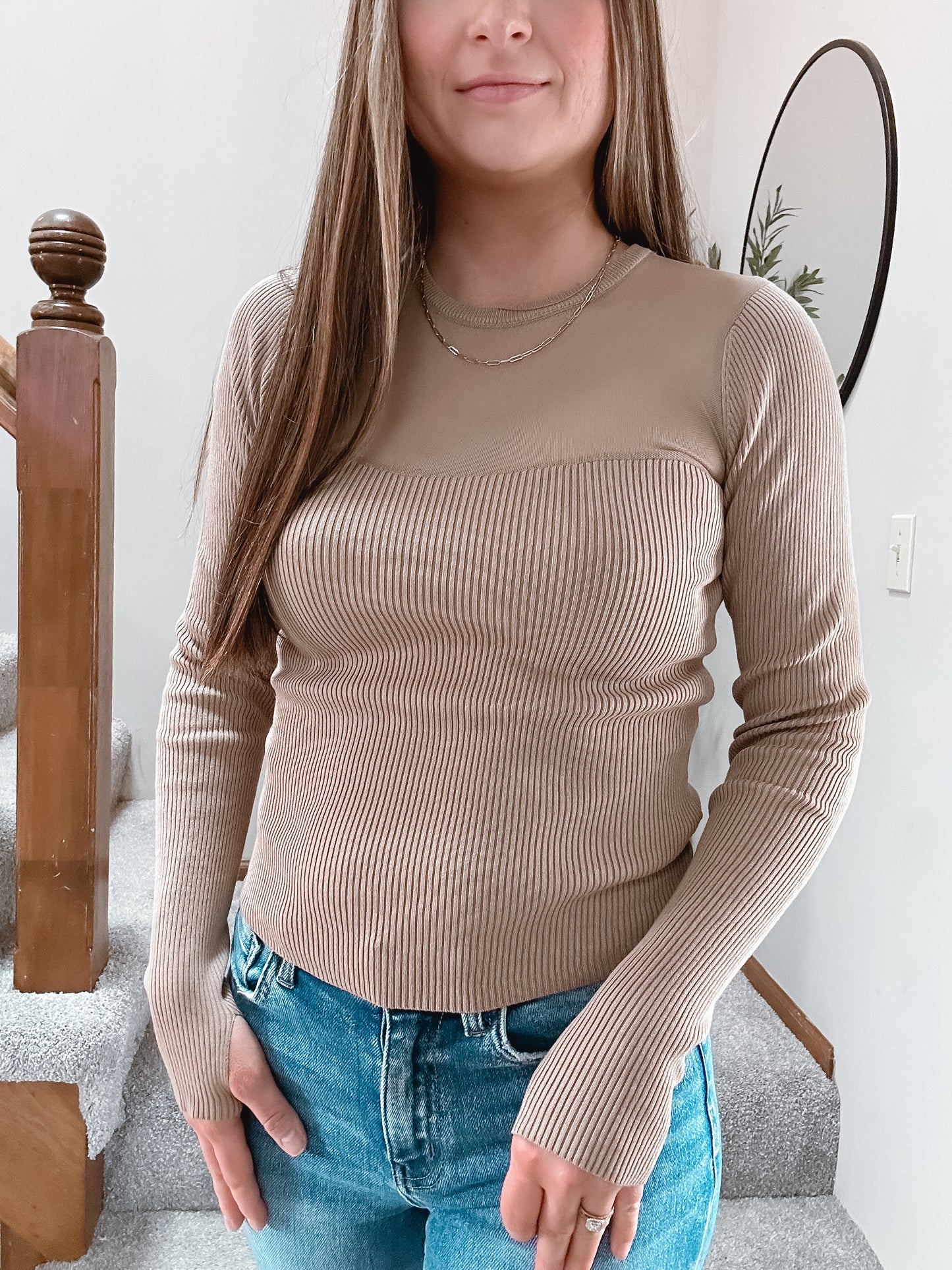 Dream of me taupe sweetheart neckline knit top